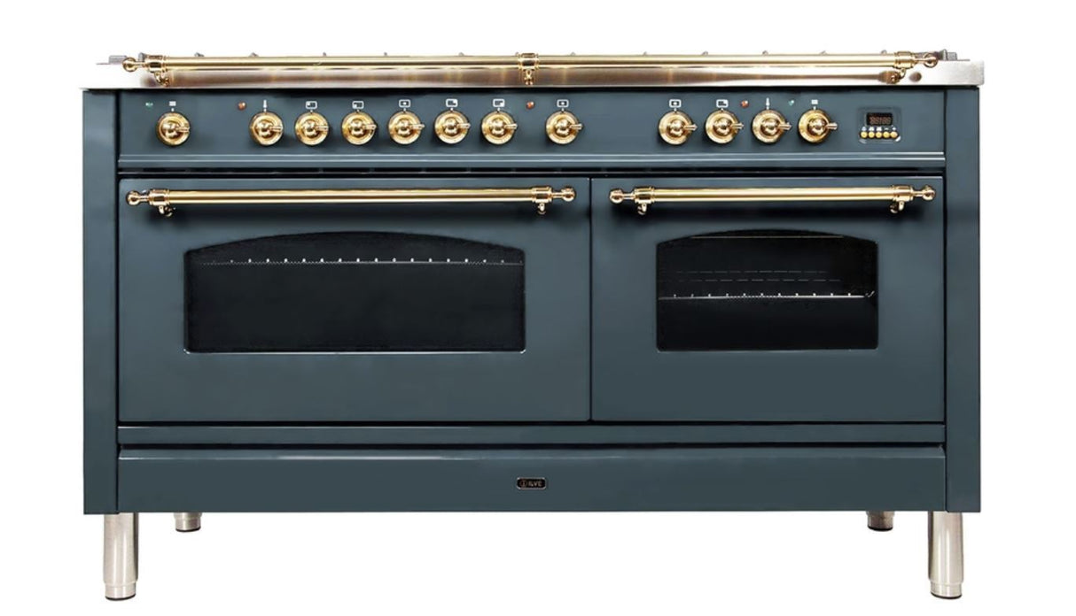 ILVE 60 Inch Nostalgie Series Freestanding Double Oven Dual Fuel Range with 8 Sealed Burners and Griddle - UPN150FDMPBLXLP