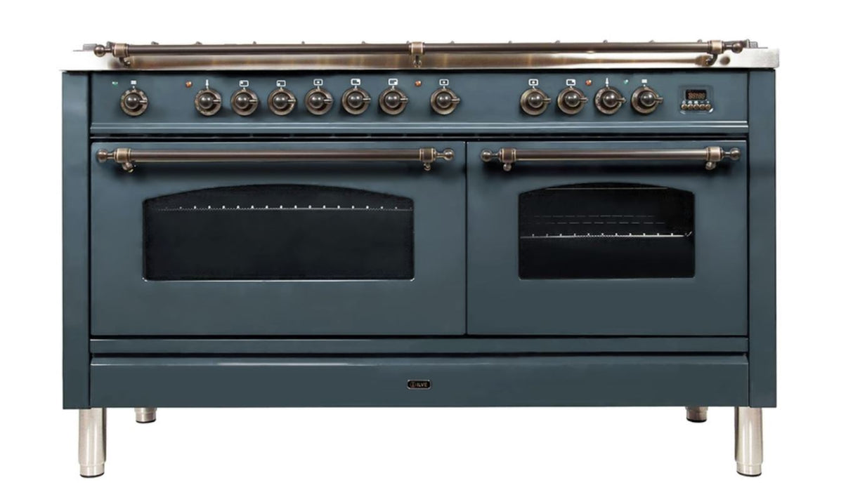 ILVE 60 Inch Nostalgie Series Freestanding Double Oven Dual Fuel Range with 8 Sealed Burners and Griddle - UPN150FDMPBLXLP