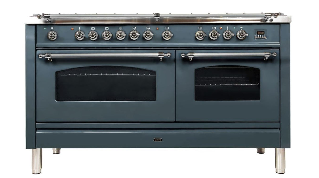 ILVE 60 Inch Nostalgie Series Freestanding Double Oven Dual Fuel Range with 8 Sealed Burners and Griddle - UPN150FDMPBLXLP