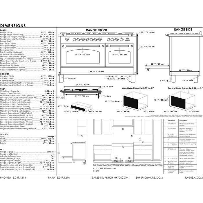 ILVE 60 Inch Nostalgie Series Freestanding Double Oven Dual Fuel Range with 8 Sealed Burners and Griddle - UPN150FDMPBLXLP