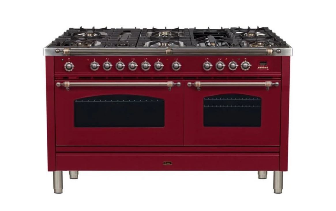 ILVE 60 Inch Nostalgie Series Freestanding Double Oven Dual Fuel Range with 8 Sealed Burners and Griddle - UPN150FDMPBLXLP