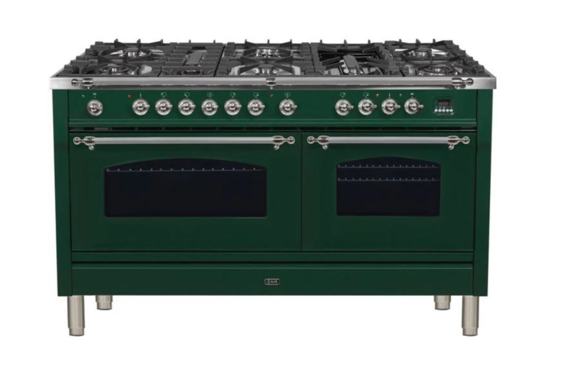 ILVE 60 Inch Nostalgie Series Freestanding Double Oven Dual Fuel Range with 8 Sealed Burners and Griddle - UPN150FDMPBLXLP