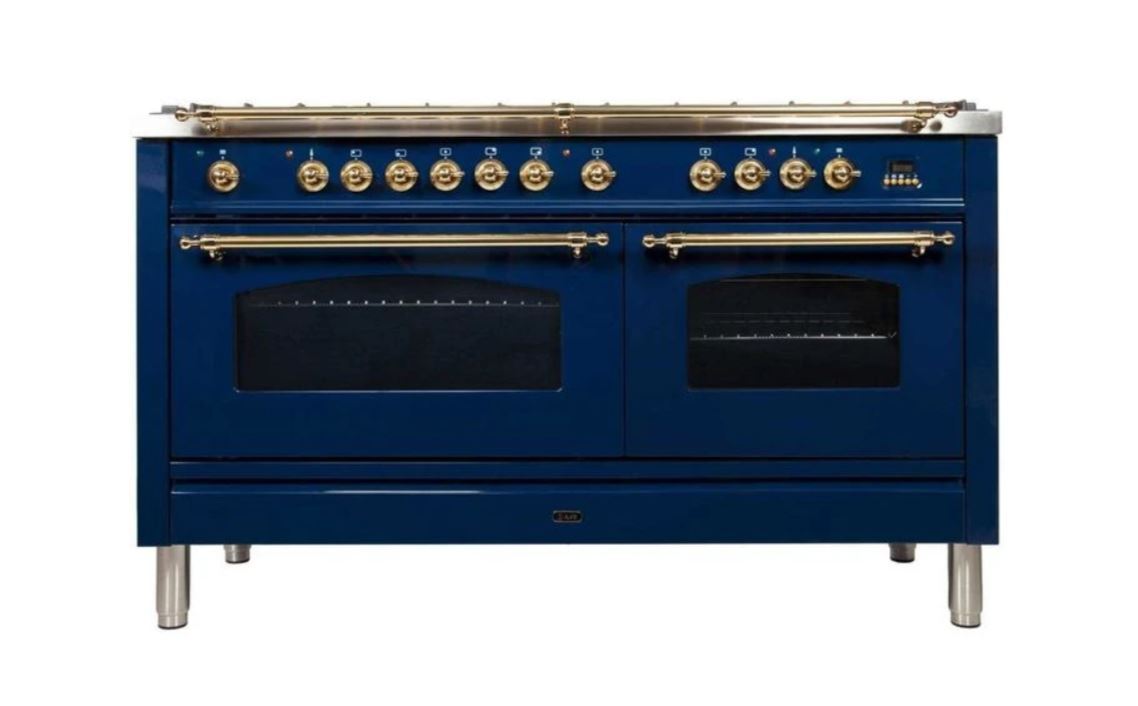 ILVE 60 Inch Nostalgie Series Freestanding Double Oven Dual Fuel Range with 8 Sealed Burners and Griddle - UPN150FDMPBLXLP