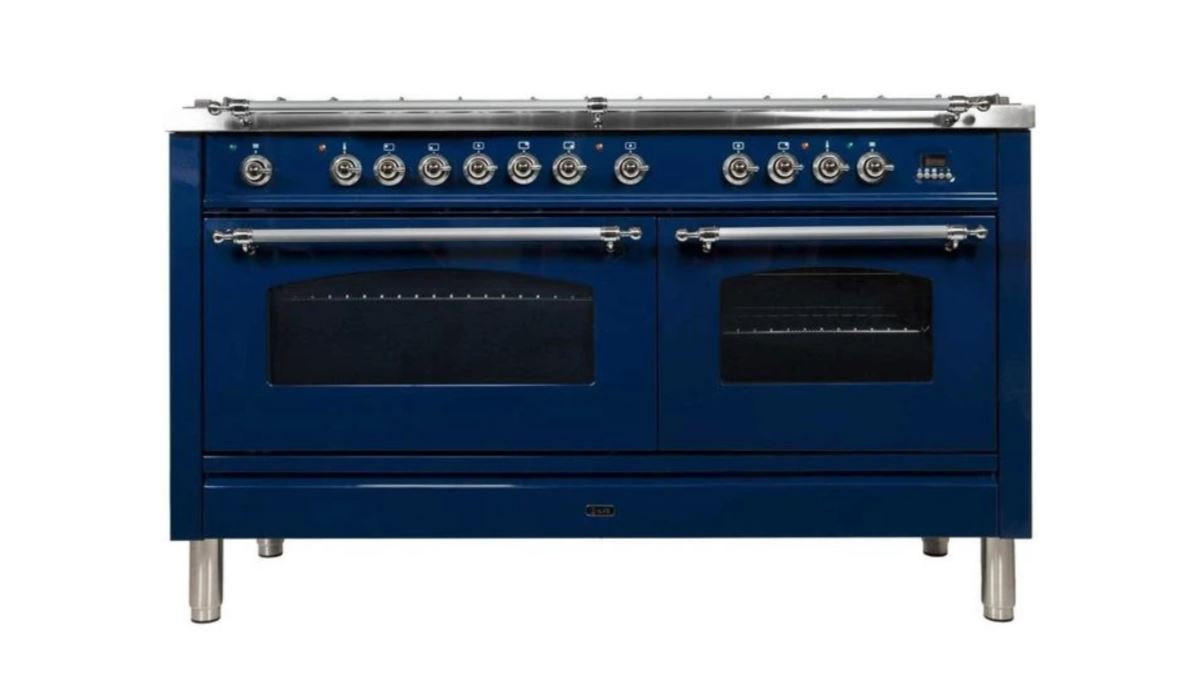 ILVE 60 Inch Nostalgie Series Freestanding Double Oven Dual Fuel Range with 8 Sealed Burners and Griddle (UPN150FDM)