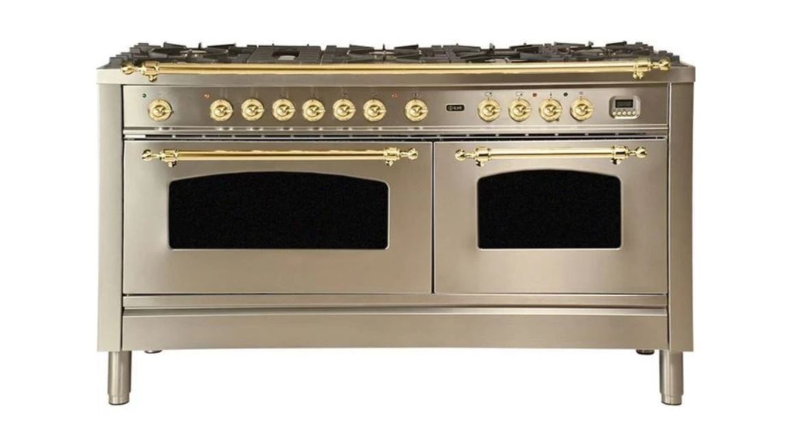 ILVE 60 Inch Nostalgie Series Freestanding Double Oven Dual Fuel Range with 8 Sealed Burners and Griddle - UPN150FDMPBLXLP