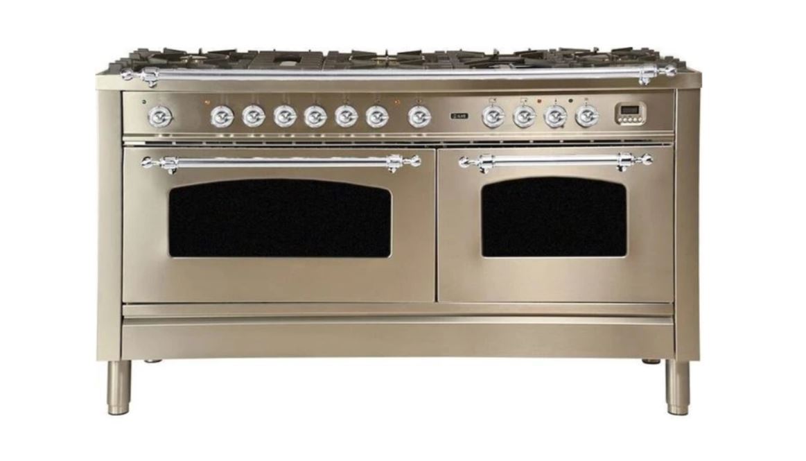 ILVE 60 Inch Nostalgie Series Freestanding Double Oven Dual Fuel Range with 8 Sealed Burners and Griddle - UPN150FDMPBLXLP