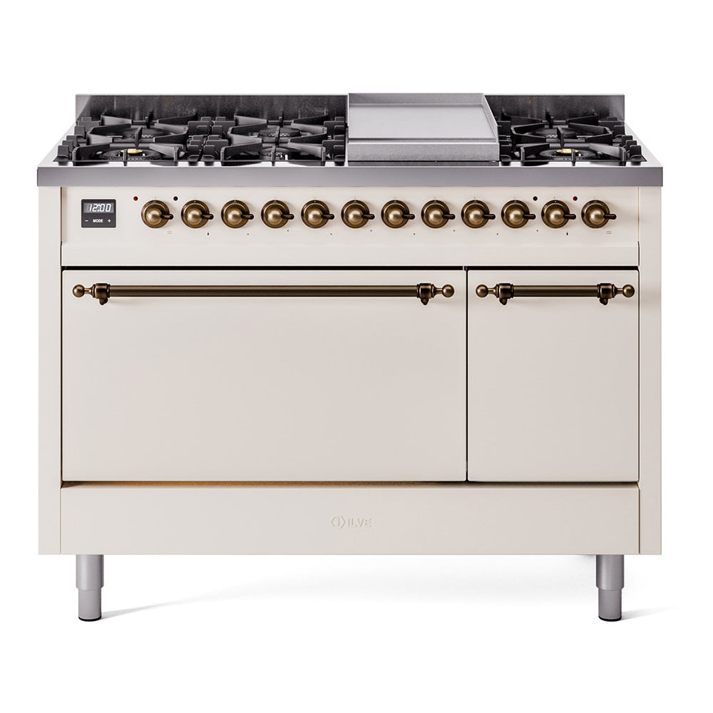 ILVE Nostalgie II 48" Dual Fuel Range with 8 Sealed Burners + Griddle Solid Door UP48FQNMP