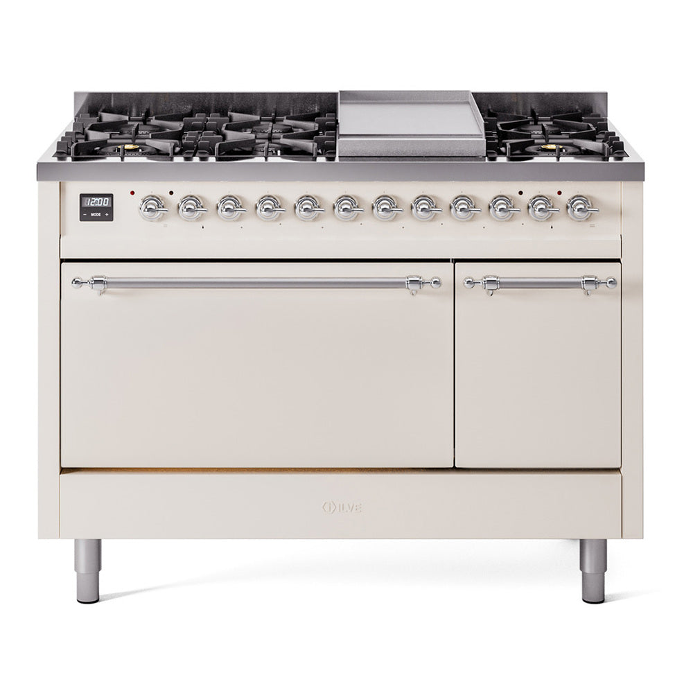 ILVE Nostalgie II 48" Dual Fuel Range with 8 Sealed Burners + Griddle Solid Door UP48FQNMP