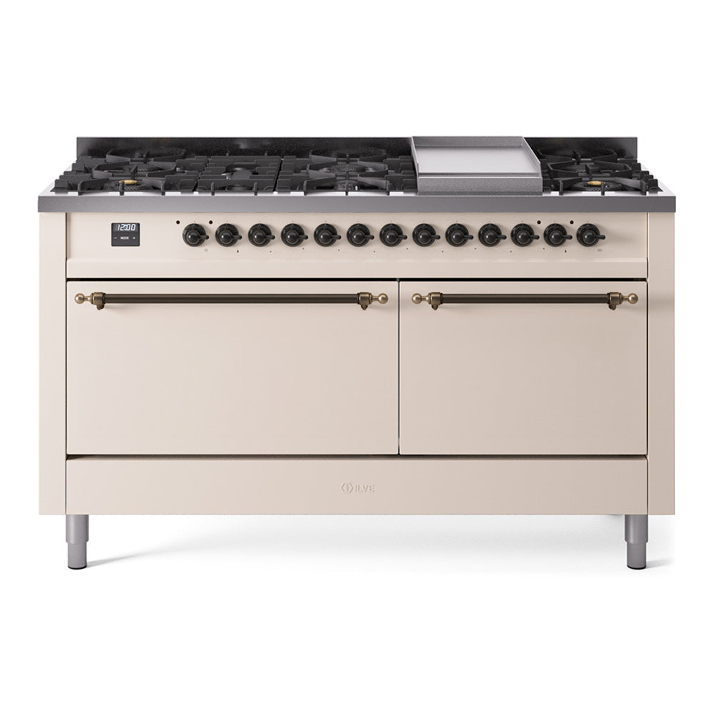 ILVE Nostalgie II 60" Dual Fuel Range with 9 Sealed Burners + Griddle Solid Door UP60FQNMP