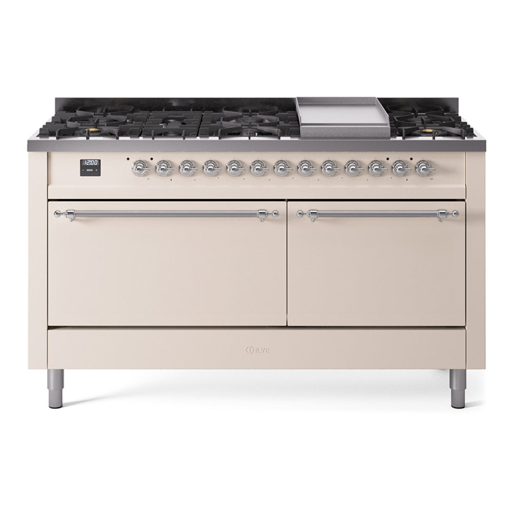 ILVE Nostalgie II 60" Dual Fuel Range with 9 Sealed Burners + Griddle Solid Door UP60FQNMP