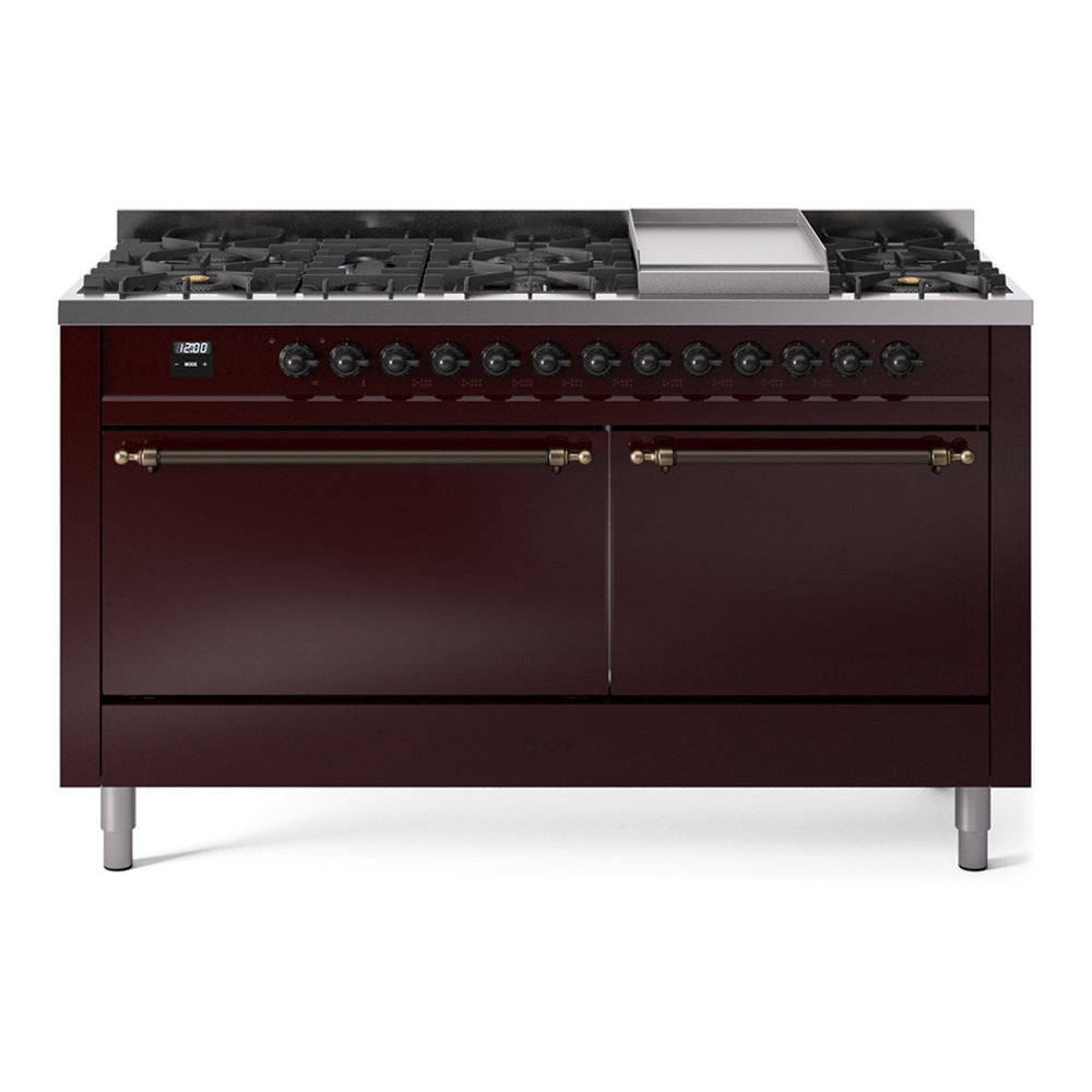 ILVE Nostalgie II 60" Dual Fuel Range with 9 Sealed Burners + Griddle Solid Door UP60FQNMP