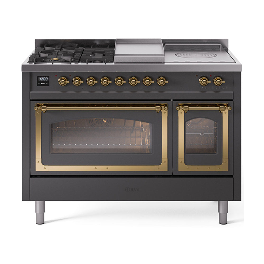 ILVE Nostalgie II Noblesse 48" Dual Fuel Freestanding Range 5 Sealed Burners + Griddle + French Top with Triple Glass Door UN48FSNMP