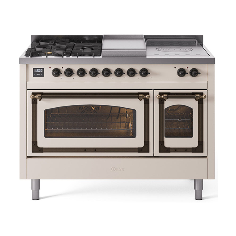 ILVE Nostalgie II Noblesse 48" Dual Fuel Freestanding Range 5 Sealed Burners + Griddle + French Top with Triple Glass Door UN48FSNMP
