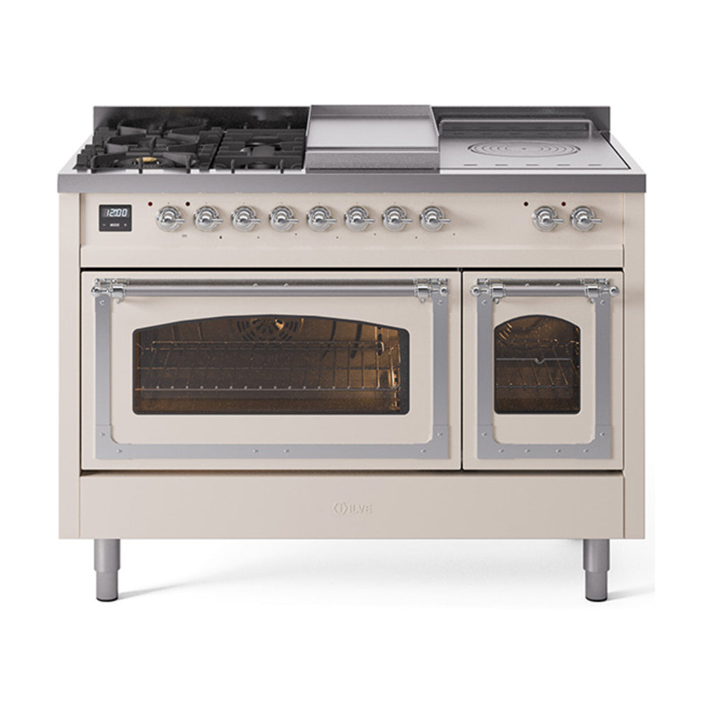 ILVE Nostalgie II Noblesse 48" Dual Fuel Freestanding Range 5 Sealed Burners + Griddle + French Top with Triple Glass Door UN48FSNMP