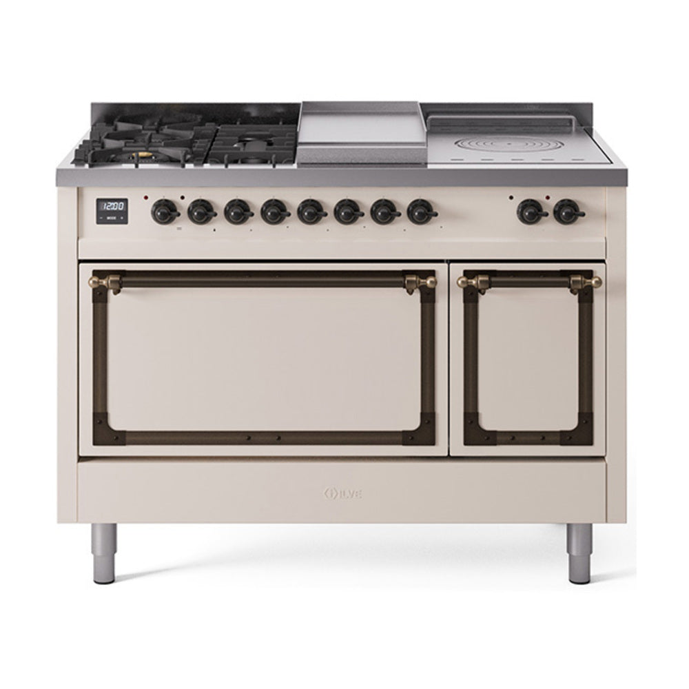 ILVE Nostalgie II Noblesse 48" Dual Fuel Freestanding Range 5 Sealed Burners + Griddle + French Top with Solid Door UN48FSQNMP