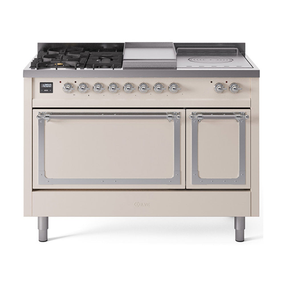 ILVE Nostalgie II Noblesse 48" Dual Fuel Freestanding Range 5 Sealed Burners + Griddle + French Top with Solid Door UN48FSQNMP