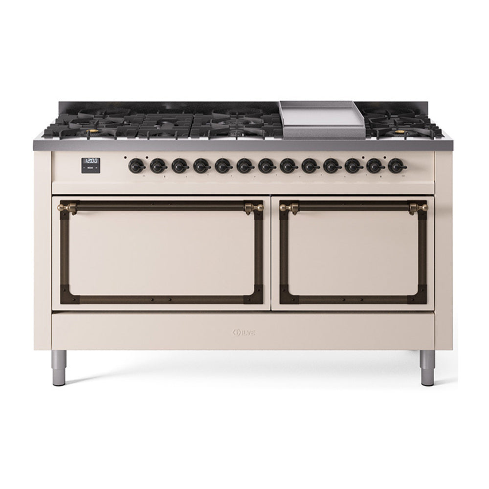 ILVE Nostalgie II Noblesse 60″ Dual Fuel Freestanding Range 9 Sealed Burners + Griddle with Solid Door UN60FQNMP