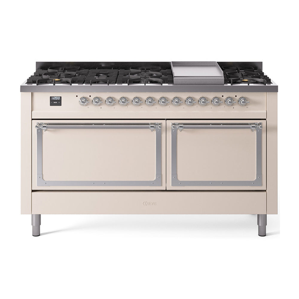 ILVE Nostalgie II Noblesse 60″ Dual Fuel Freestanding Range 9 Sealed Burners + Griddle with Solid Door UN60FQNMP