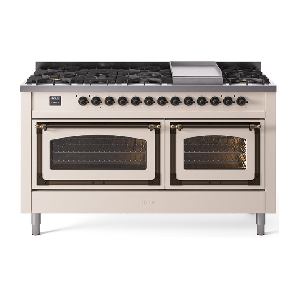 ILVE Nostalgie II Noblesse 60" Dual Fuel Freestanding Range with 9 Sealed Burners + Griddle with Triple Glass Door UN60FNMP