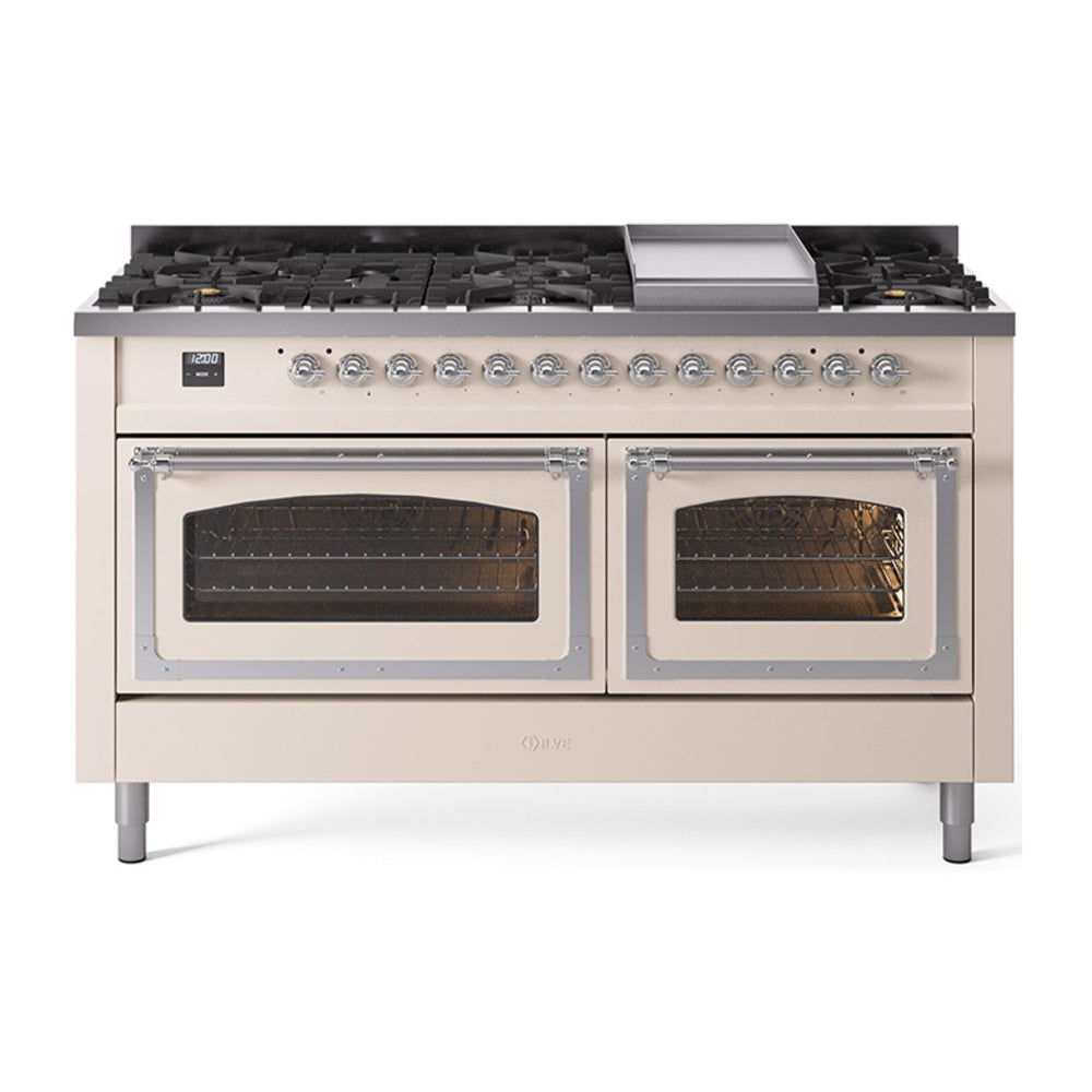 ILVE Nostalgie II Noblesse 60" Dual Fuel Freestanding Range with 9 Sealed Burners + Griddle with Triple Glass Door UN60FNMP