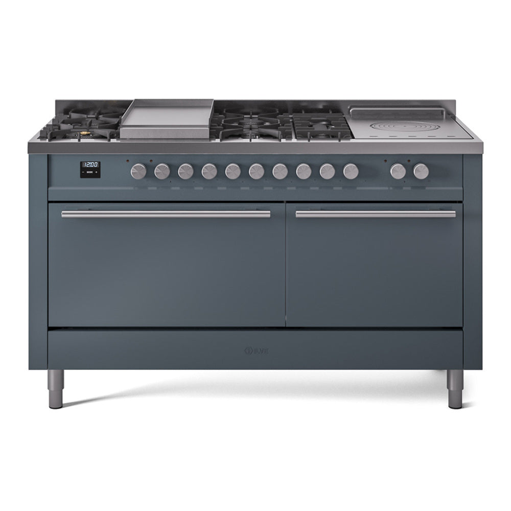 ILVE Professional Plus II 60" Dual Fuel Range with 7 Sealed Burners + Griddle + French Top Solid Door UP60FSQMP