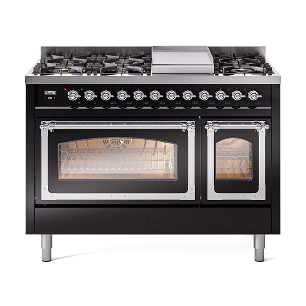 ILVE Nostalgie II Noblesse 48" Dual Fuel Freestanding Range 8 Sealed Burners + Griddle with Triple Glass Door - UN48FNMP