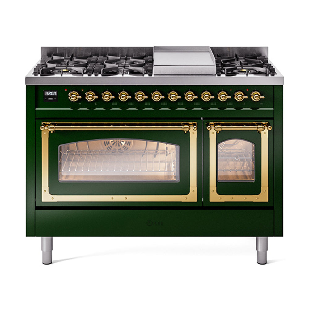 ILVE Nostalgie II Noblesse 48" Dual Fuel Freestanding Range 8 Sealed Burners + Griddle with Triple Glass Door - UN48FNMP