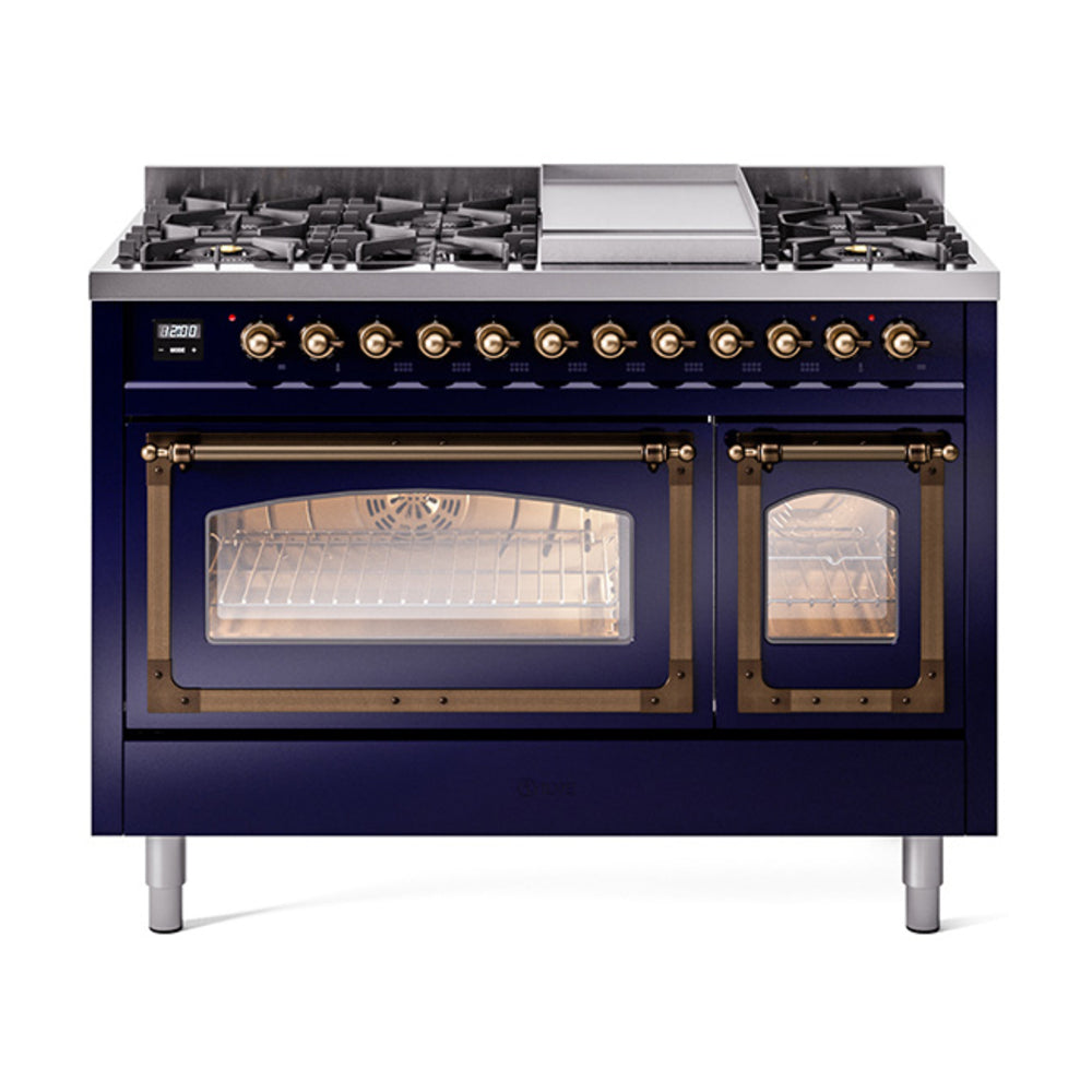 ILVE Nostalgie II Noblesse 48" Dual Fuel Freestanding Range 8 Sealed Burners + Griddle with Triple Glass Door - UN48FNMP