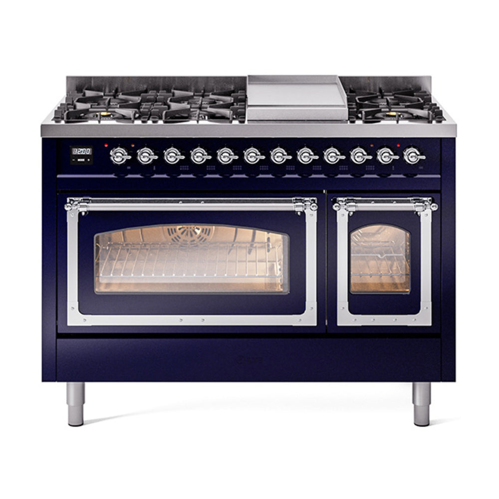 ILVE Nostalgie II Noblesse 48" Dual Fuel Freestanding Range 8 Sealed Burners + Griddle with Triple Glass Door - UN48FNMP