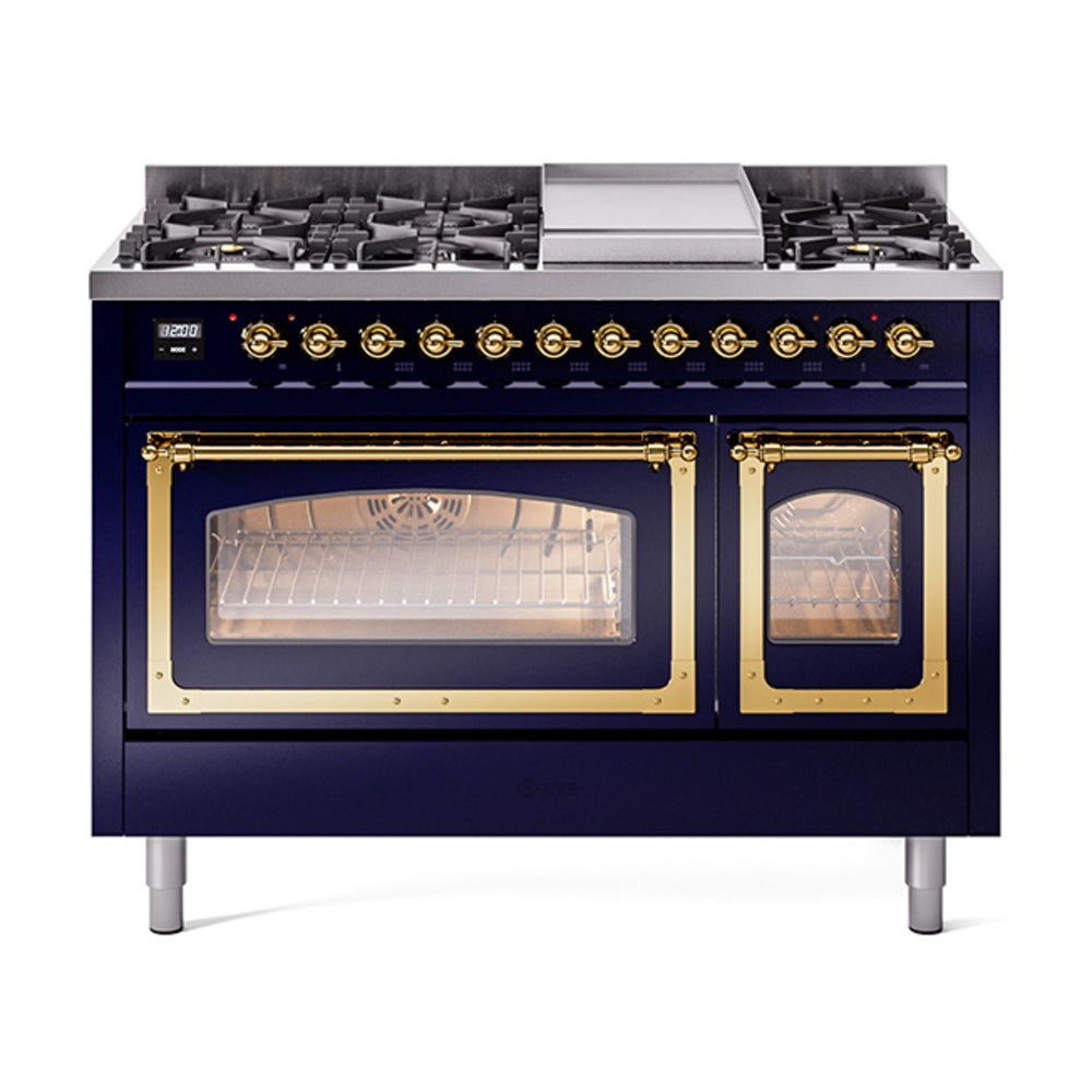 ILVE Nostalgie II Noblesse 48" Dual Fuel Freestanding Range 8 Sealed Burners + Griddle with Triple Glass Door - UN48FNMP