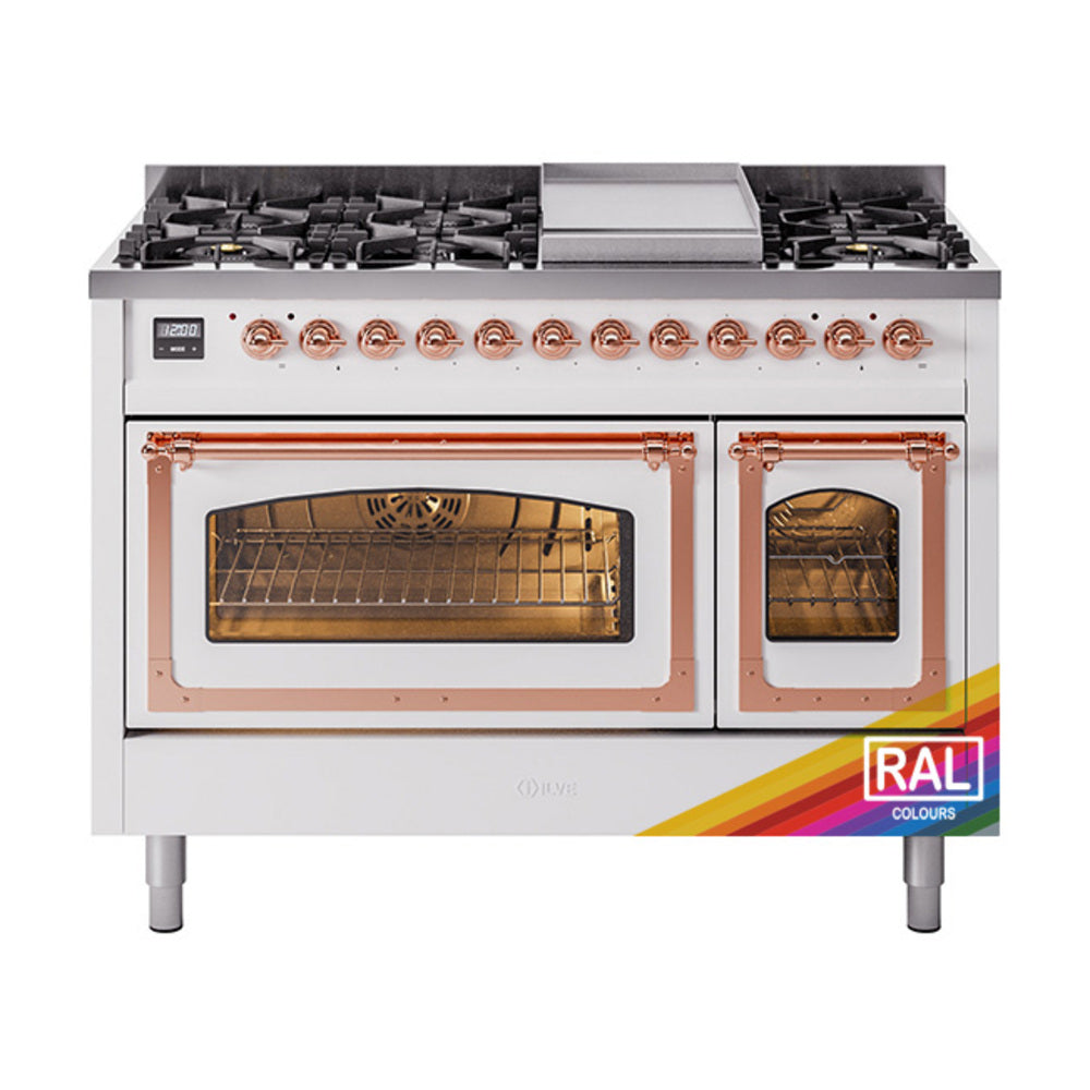 ILVE Nostalgie II Noblesse 48" Dual Fuel Freestanding Range 8 Sealed Burners + Griddle with Triple Glass Door - UN48FNMP