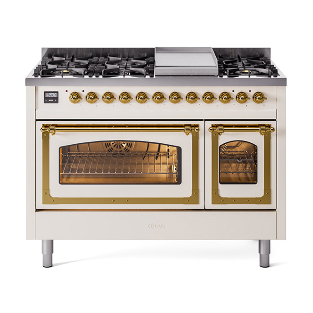 ILVE Nostalgie II Noblesse 48" Dual Fuel Freestanding Range 8 Sealed Burners + Griddle with Triple Glass Door - UN48FNMP