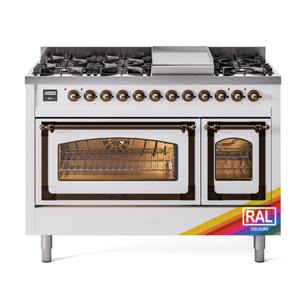 ILVE Nostalgie II Noblesse 48" Dual Fuel Freestanding Range 8 Sealed Burners + Griddle with Triple Glass Door - UN48FNMP