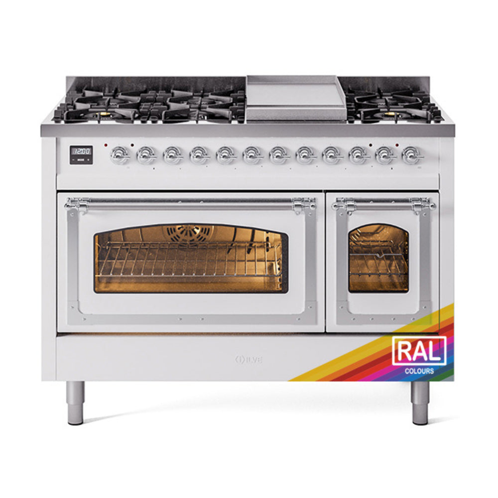 ILVE Nostalgie II Noblesse 48" Dual Fuel Freestanding Range 8 Sealed Burners + Griddle with Triple Glass Door - UN48FNMP