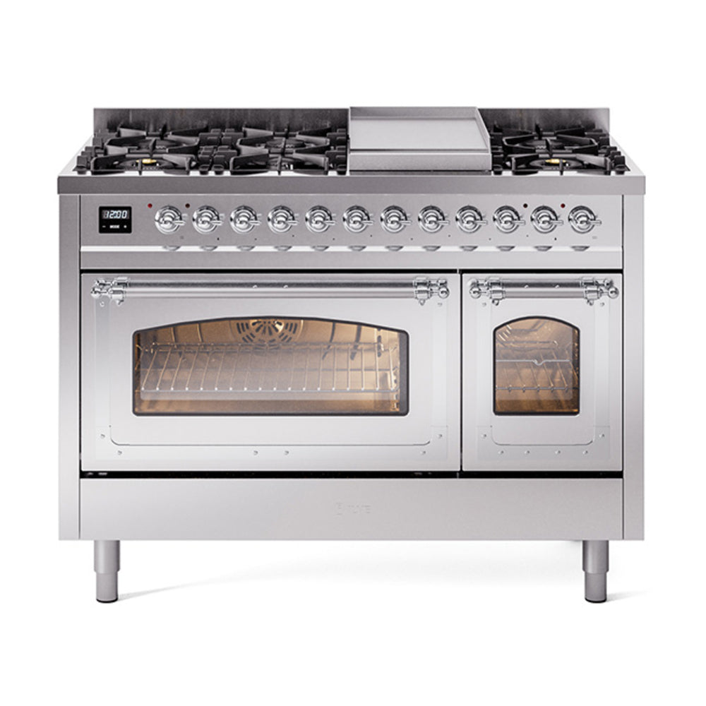 ILVE Nostalgie II Noblesse 48" Dual Fuel Freestanding Range 8 Sealed Burners + Griddle with Triple Glass Door - UN48FNMP