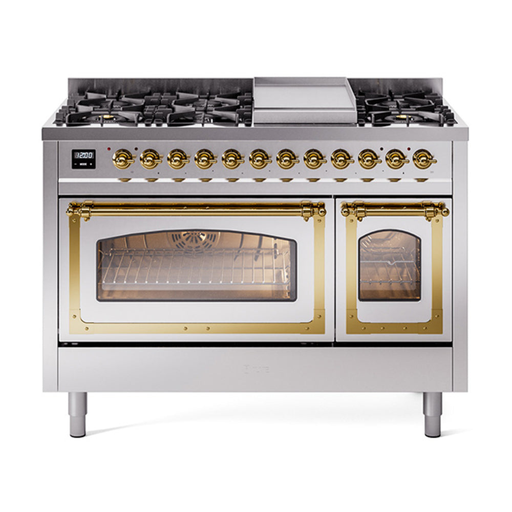 ILVE Nostalgie II Noblesse 48" Dual Fuel Freestanding Range 8 Sealed Burners + Griddle with Triple Glass Door - UN48FNMP
