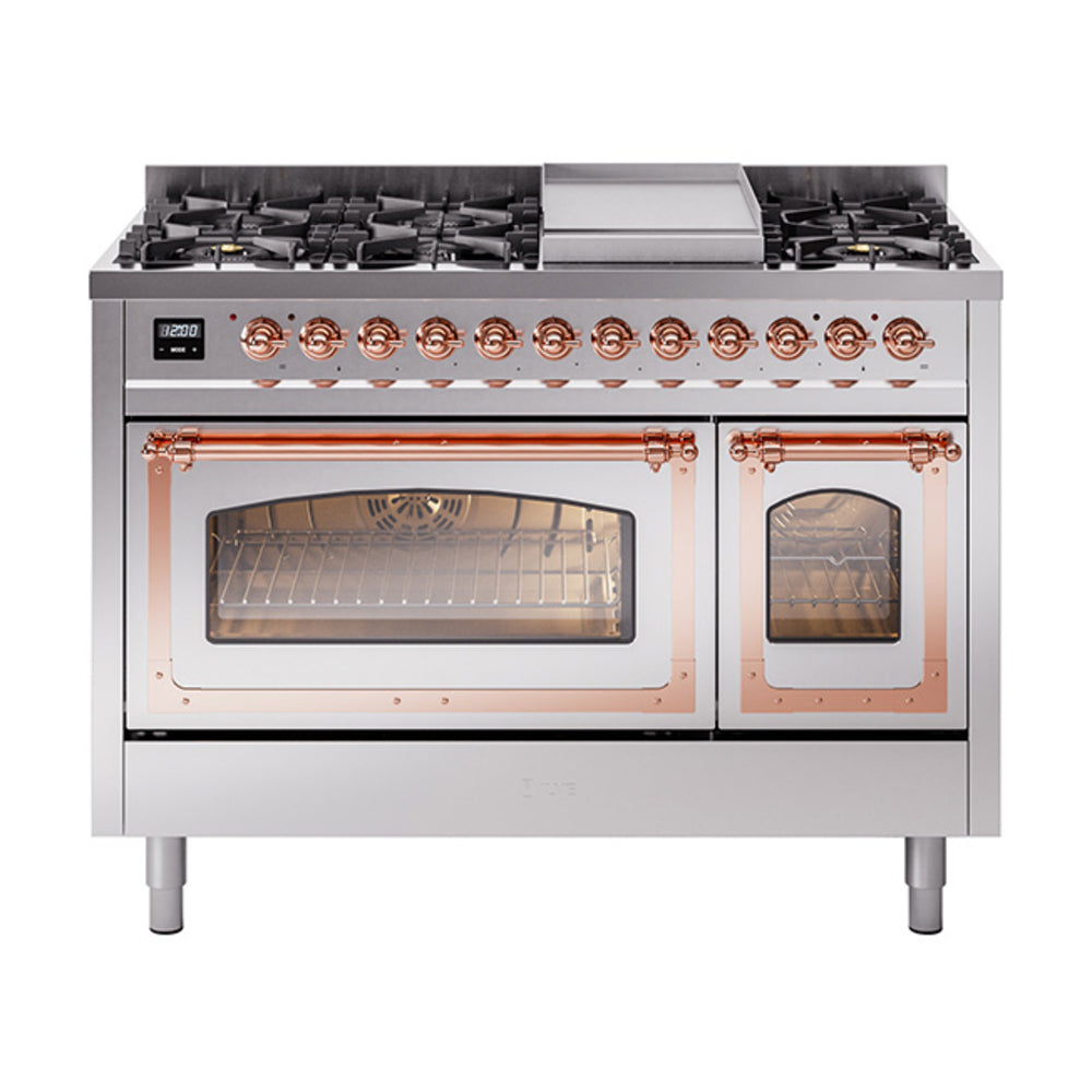 ILVE Nostalgie II Noblesse 48" Dual Fuel Freestanding Range 8 Sealed Burners + Griddle with Triple Glass Door - UN48FNMP