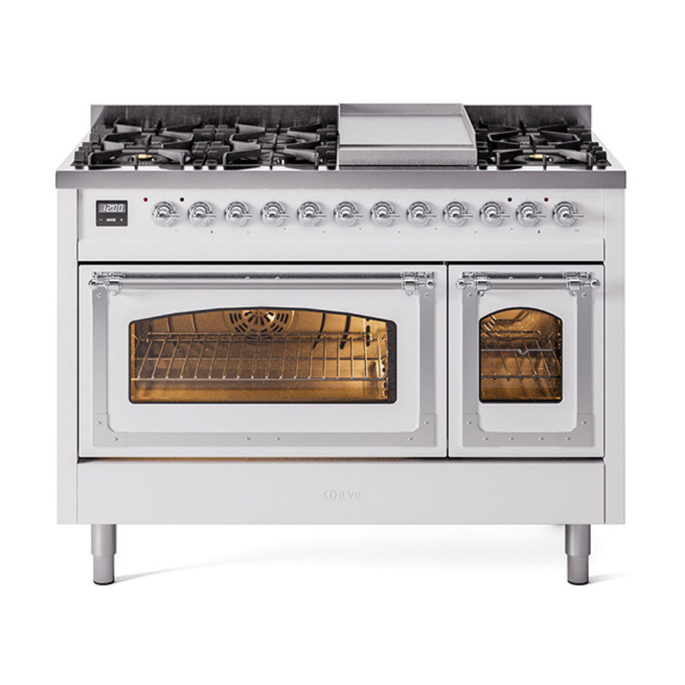 ILVE Nostalgie II Noblesse 48" Dual Fuel Freestanding Range 8 Sealed Burners + Griddle with Triple Glass Door - UN48FNMP