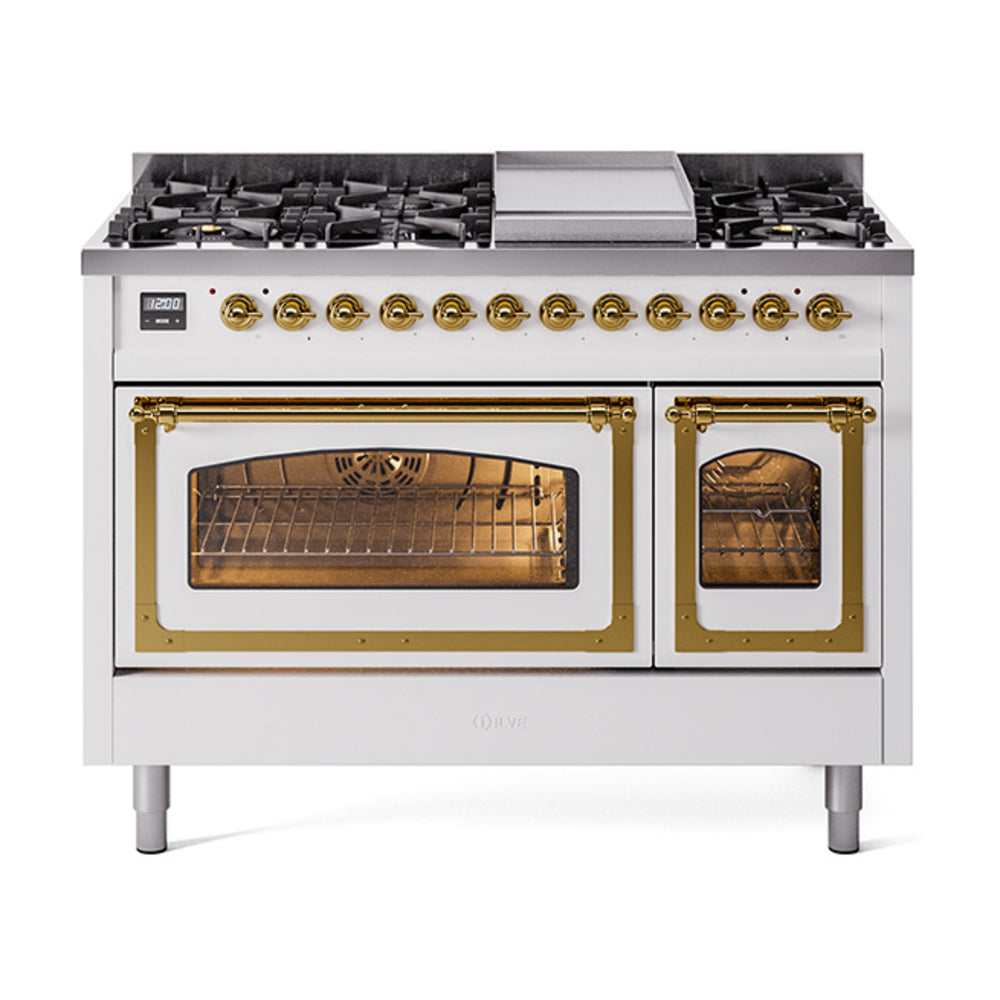 ILVE Nostalgie II Noblesse 48" Dual Fuel Freestanding Range 8 Sealed Burners + Griddle with Triple Glass Door - UN48FNMP