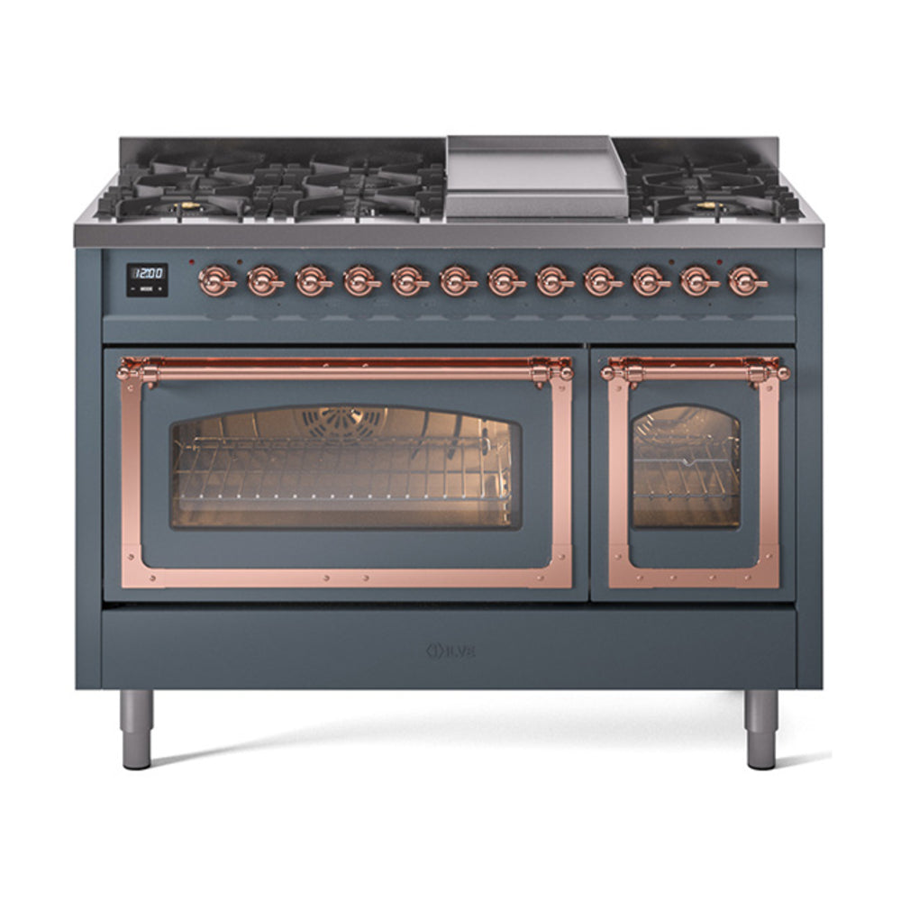 ILVE Nostalgie II Noblesse 48" Dual Fuel Freestanding Range 8 Sealed Burners + Griddle with Triple Glass Door - UN48FNMP