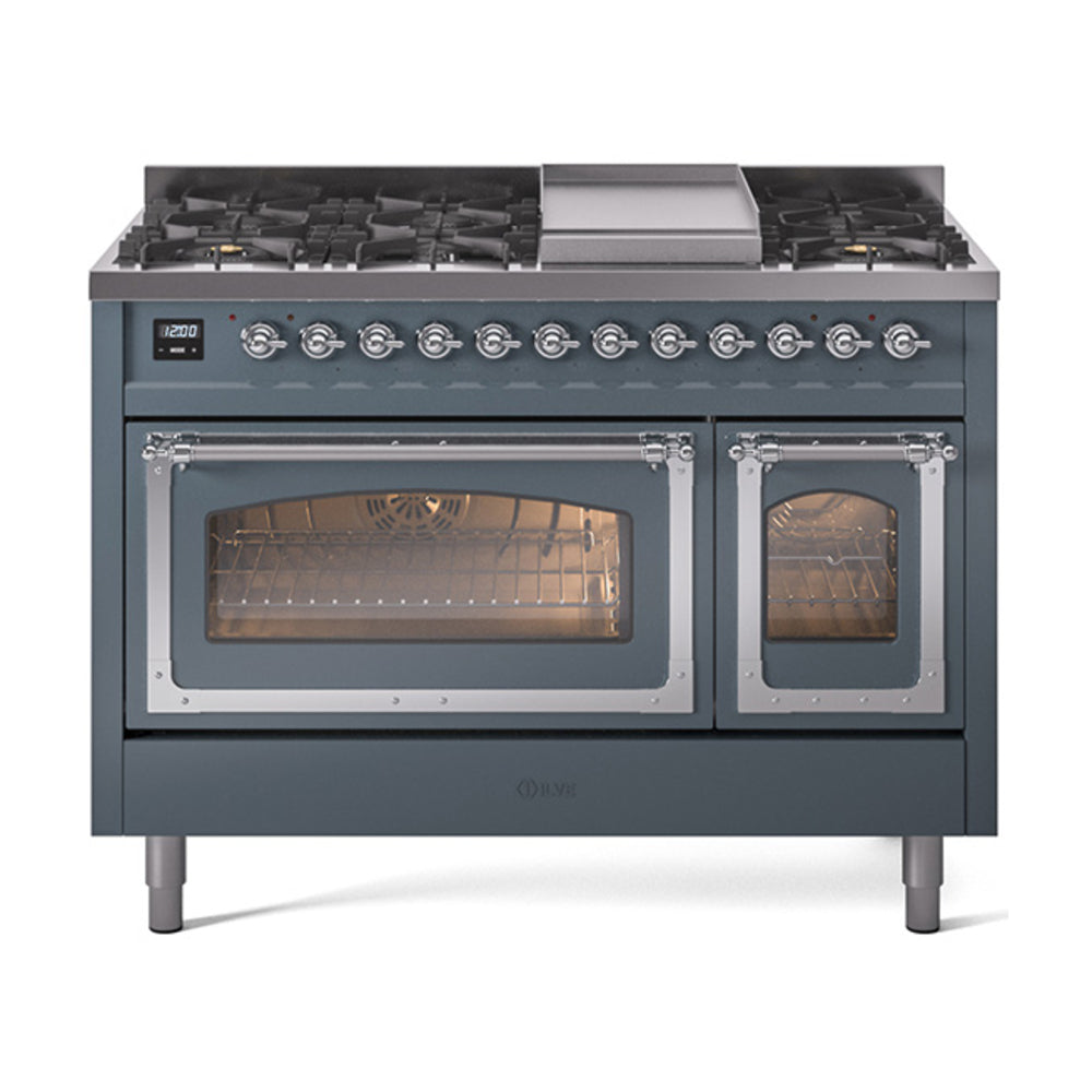 ILVE Nostalgie II Noblesse 48" Dual Fuel Freestanding Range 8 Sealed Burners + Griddle with Triple Glass Door - UN48FNMP