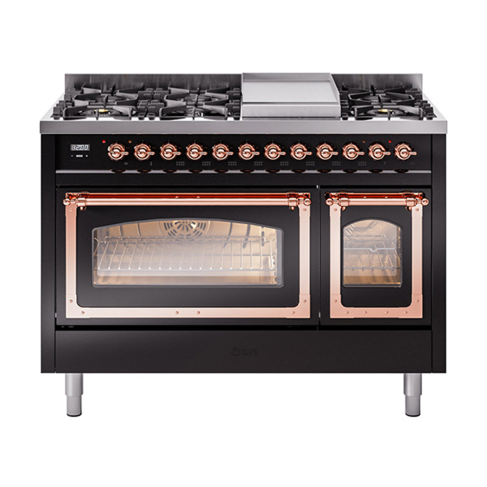 ILVE Nostalgie II Noblesse 48" Dual Fuel Freestanding Range 8 Sealed Burners + Griddle with Triple Glass Door - UN48FNMP