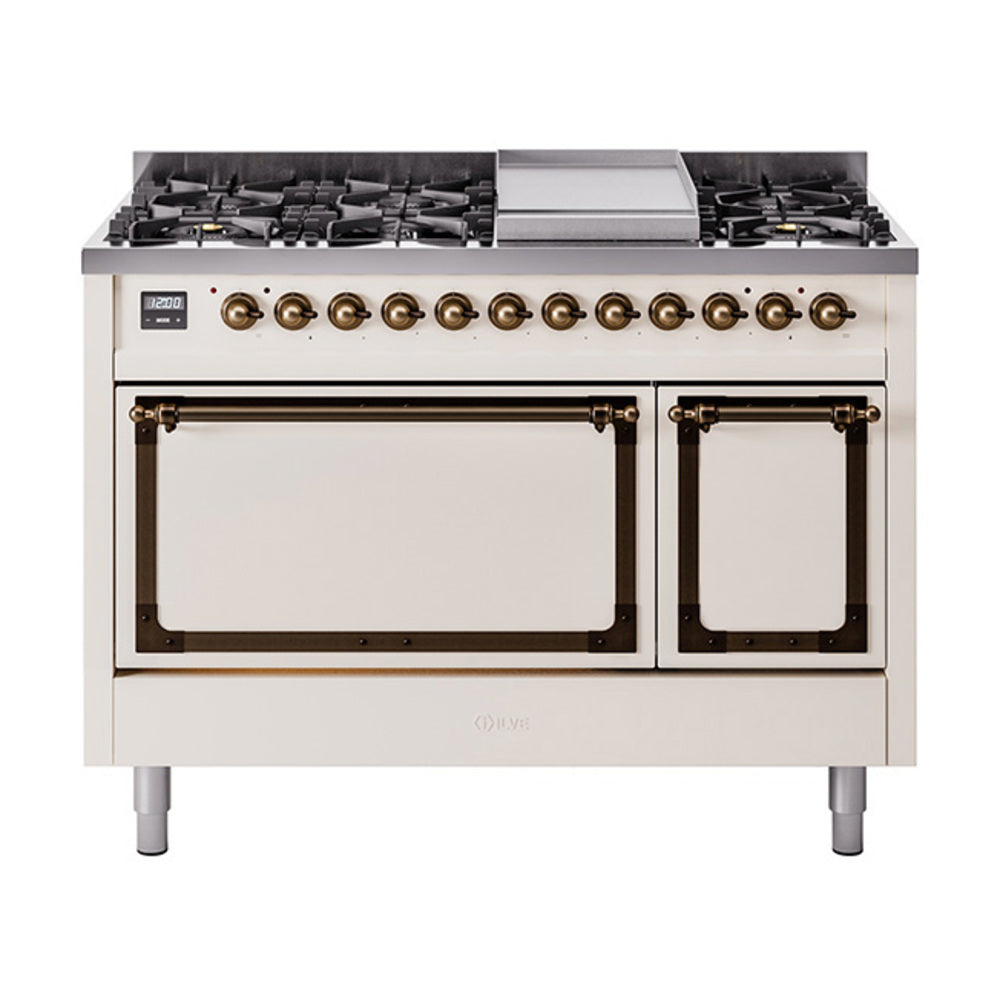 ILVE Nostalgie II Noblesse 48" Dual Fuel Freestanding Range 8 Sealed Burners + Griddle with Solid Door UN48FQNMP