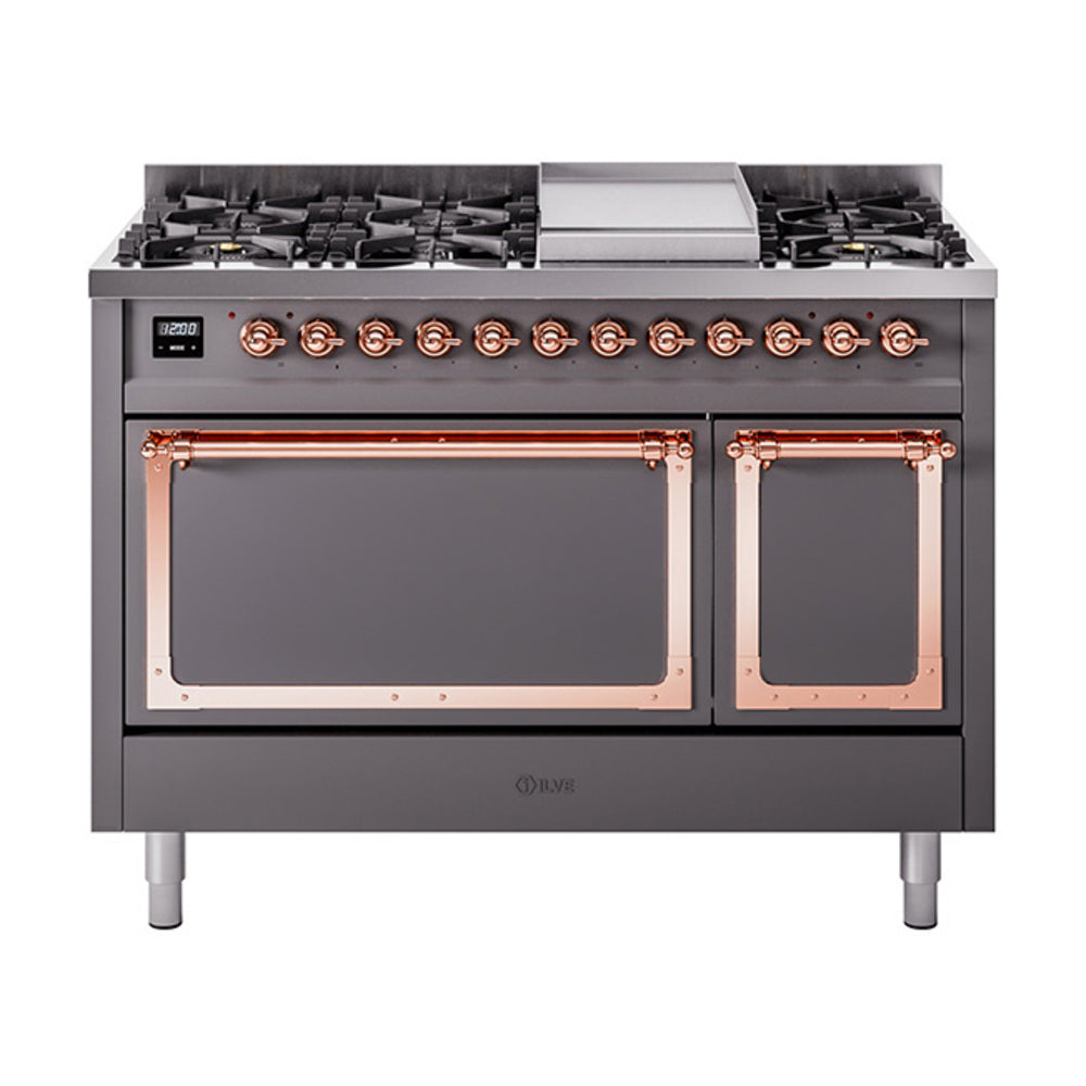 ILVE Nostalgie II Noblesse 48" Dual Fuel Freestanding Range 8 Sealed Burners + Griddle with Solid Door - UN48FQNMP