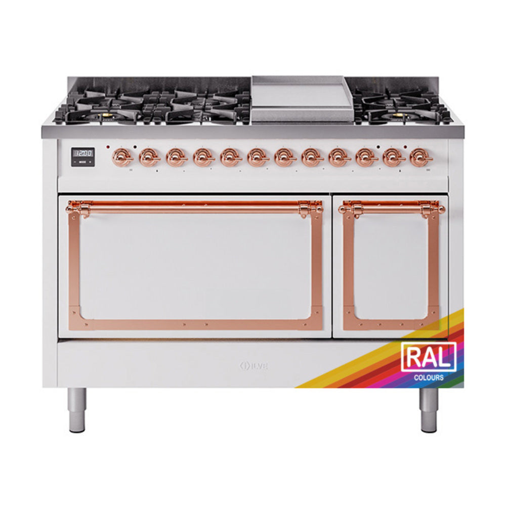 ILVE Nostalgie II Noblesse 48" Dual Fuel Freestanding Range 8 Sealed Burners + Griddle with Solid Door - UN48FQNMP