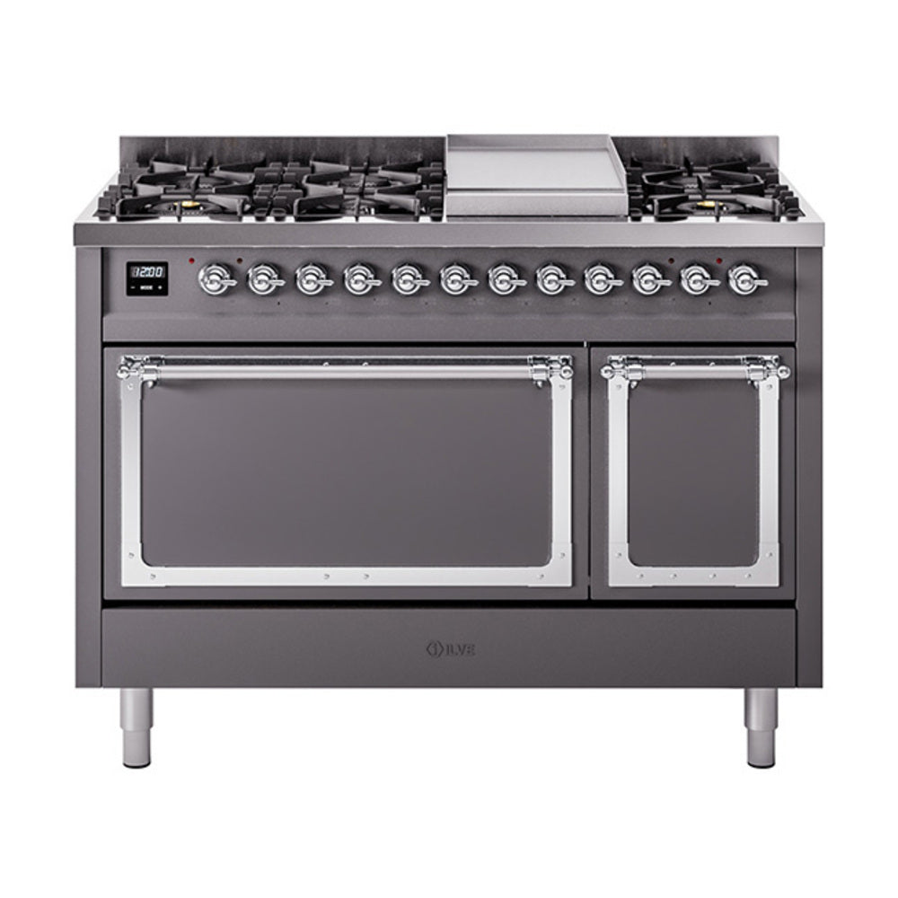 ILVE Nostalgie II Noblesse 48" Dual Fuel Freestanding Range 8 Sealed Burners + Griddle with Solid Door - UN48FQNMP
