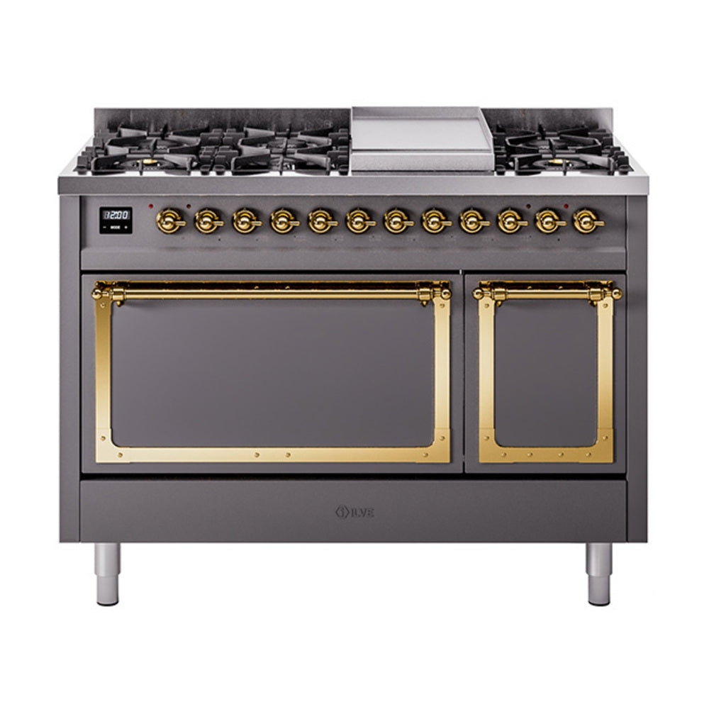 ILVE Nostalgie II Noblesse 48" Dual Fuel Freestanding Range 8 Sealed Burners + Griddle with Solid Door - UN48FQNMP