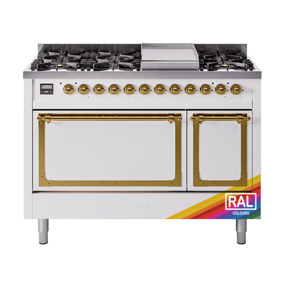 ILVE Nostalgie II Noblesse 48" Dual Fuel Freestanding Range 8 Sealed Burners + Griddle with Solid Door - UN48FQNMP
