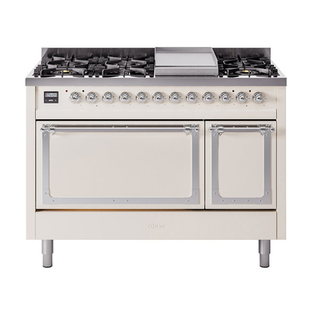 ILVE Nostalgie II Noblesse 48" Dual Fuel Freestanding Range 8 Sealed Burners + Griddle with Solid Door UN48FQNMP