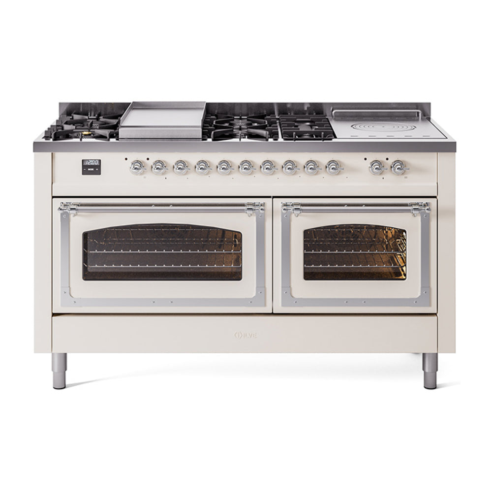 ILVE Nostalgie II Noblesse 60" Dual Fuel Range with 7 Sealed Burners + Griddle + French Top with Triple Glass Door UN60FSNMP